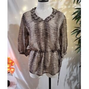 World Market Sheer Neutral Print Tie Waist Peplum Blouse Top Womens Size S/M
